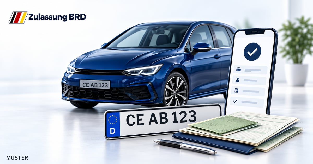 Online Fahrzeugzulassung in Landkreis Celle: Musterkennzeichen CE AB 123, Auto und Fahrzeugpapiere und Smartphone. Illustration mit Logo von Zulassung BRD.